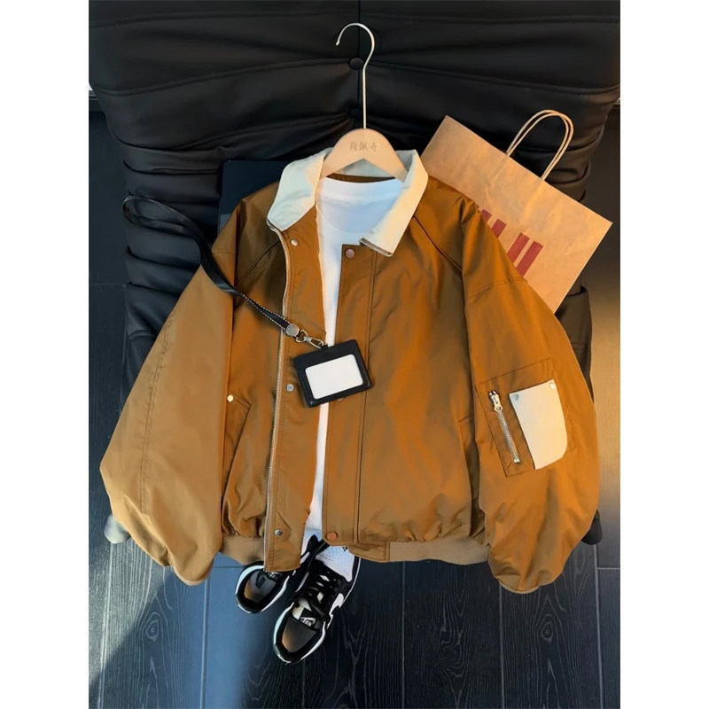 Maillard Brown Short Work Jacket for Men, Autumn High-End Lapel Baseball Jacket, American-Style Pilot Jacket Maillard Brown Short Work Jacket for Men, Autumn High-End Lapel Baseball Jacket, American-Style Pilot Jacket