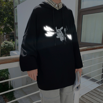 Korean version of the trend loose retro hooded luminous print plus velvet sweater mens wild jacket top autumn and winter Hong Kong style