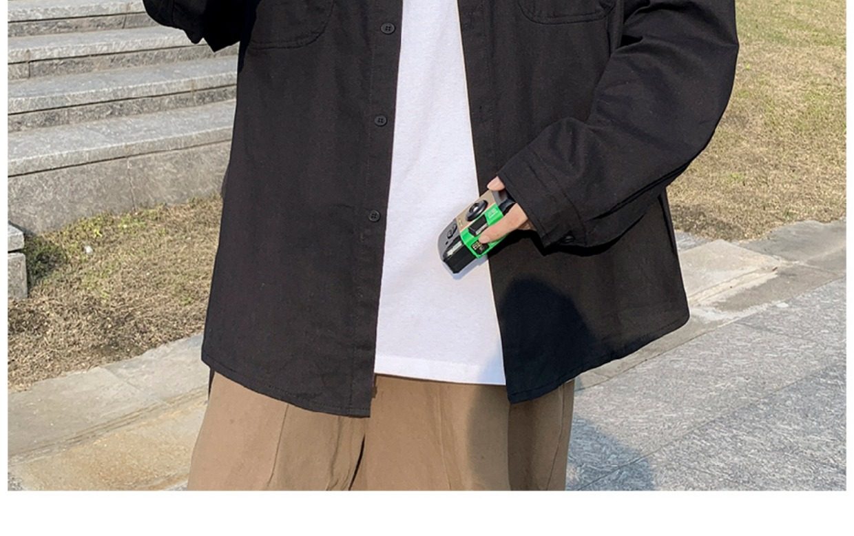 日系cityboy翻领衬衫男春秋季宽松百搭简约纯色外套帅气工装上衣详情20