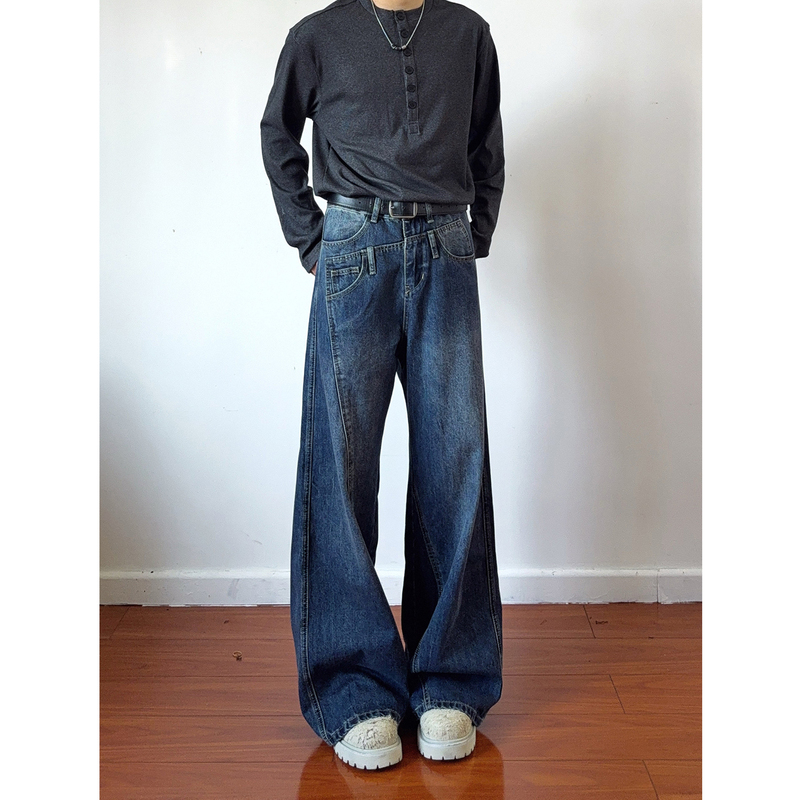 Asymmetrical Deconstructed Jeans for Men 2026 Summer American Retro Loose Straight-Leg Niche Design Wide-Leg Pants
