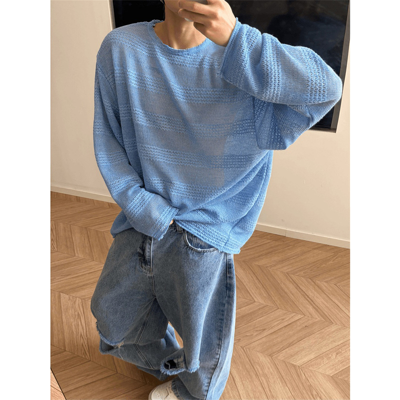 Summer Vacation Lazy Style Blue Mesh See-Through Thin Long-Sleeved T-Shirt for Men, Loose and Lazy Pullover Sun Protection Cover-Up Summer Vacation Lazy Style Blue Mesh See-Through Thin Long-Sleeved T-Shirt for Men, Loose and Lazy Pullover Sun Protection Cover-Up