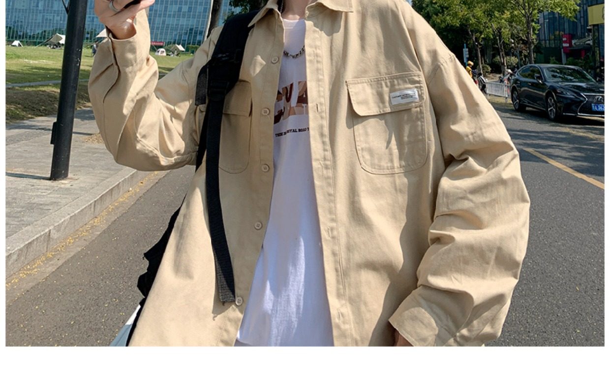 日系cityboy翻领衬衫男春秋季宽松百搭简约纯色外套帅气工装上衣详情10