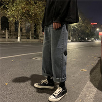 ins Hong Kong style spring jeans mens Japanese retro straight loose wide leg pants students Joker nine-point dad pants