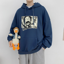 Hong Kong wind ins hooded plus velvet sweater mens Tide brand Korean loose casual animation print jacket autumn and winter thickened