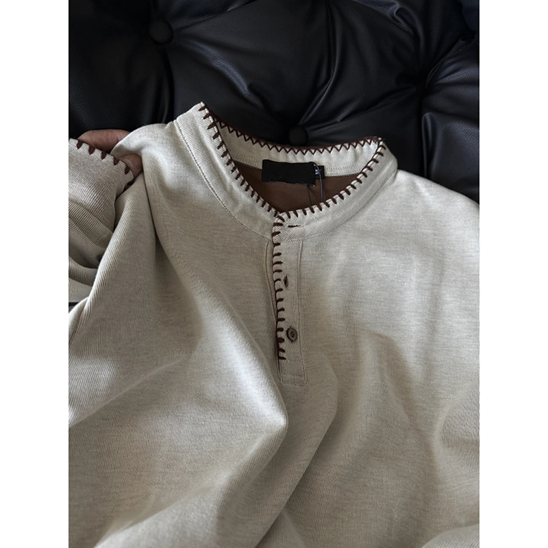 Old Money Style Hand-Stitched Knit Henry Collar Long-Sleeve T-Shirt for Men, Autumn Casual American Retro Inner Layer Sweatshirt Old Money Style Hand-Stitched Knit Henry Collar Long-Sleeve T-Shirt for Men, Autumn Casual American Retro Inner Layer Sweatshirt