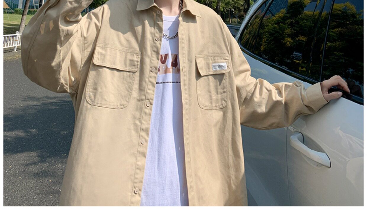 日系cityboy翻领衬衫男春秋季宽松百搭简约纯色外套帅气工装上衣详情12