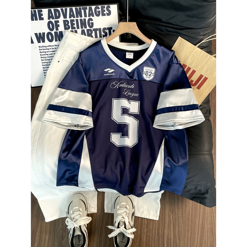 American-Style Badge Sports V-Neck Ice Hockey Jersey T-Shirt for Men, Short-Sleeved, Summer Satin Mesh Breathable Printed Top