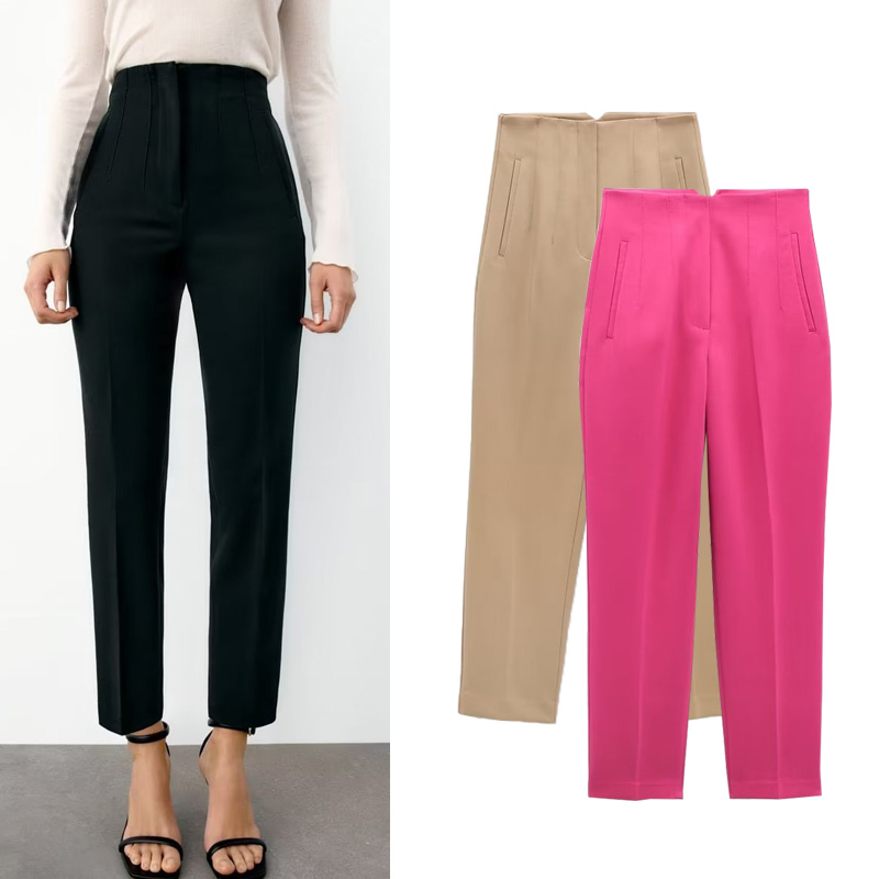 Spring New Fashion Commuter Pleated Casual Pants Black Ankle-Length High-Waisted Straight Pants 7901732