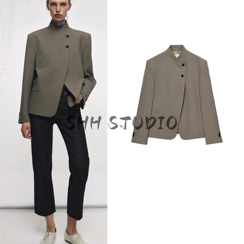 Spring New Women's Clothing, Unisex Style, Padded Shoulders, Pocket Trim, Long-Sleeved High-Neck Blazer 3736051