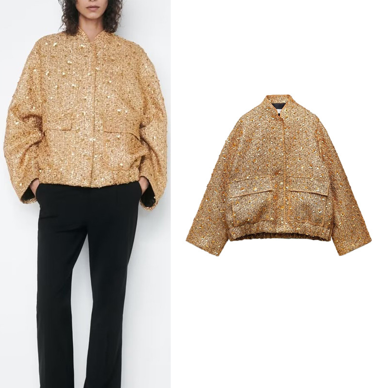Spring New Women's Stand-Up Collar Loose Short Bomber Jacket with Small Chanel-Style Sequin Embellishments 7925993