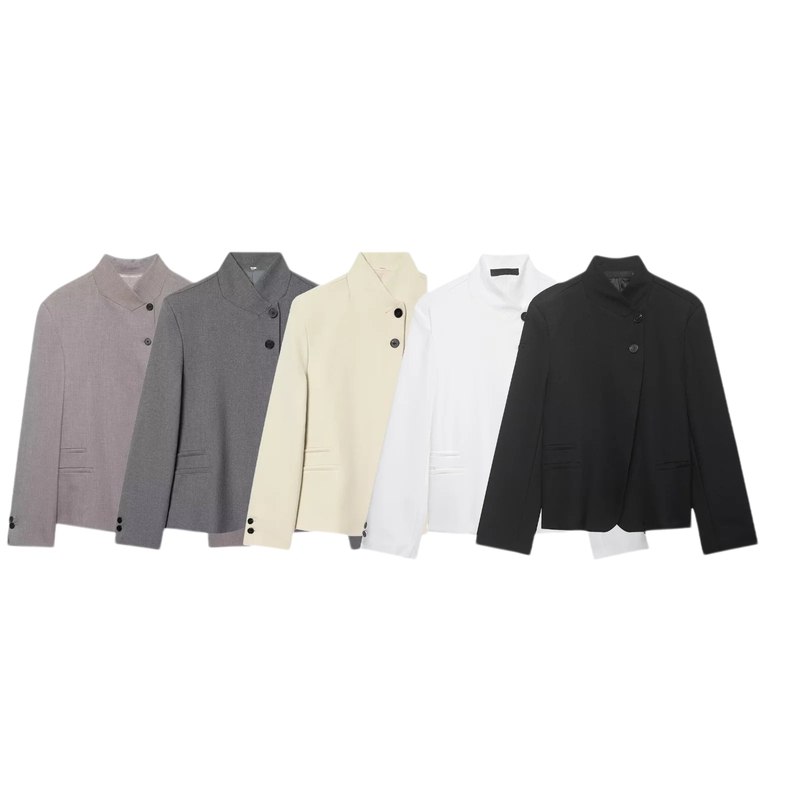 Spring New Women's Clothing, Unisex Style, Padded Shoulders, Pocket Trim, Long-Sleeved High-Neck Blazer 3736051