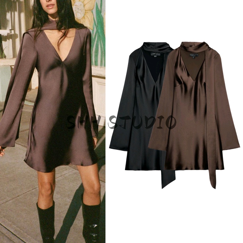 Autumn New Women's Clothing French V-Neck Silk Satin Texture Scarf Mini Dress 9234331 8941331