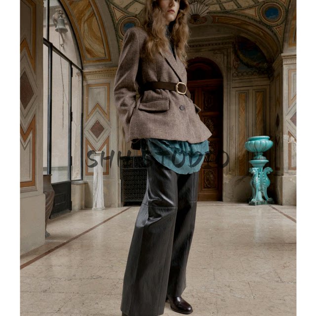 New winter women's lapel long-sleeved shoulder pads and belt herringbone twill suit jacket 4387263