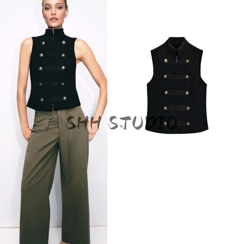 Spring New Women's Clothing Stand-Up Collar Sleeveless Fake Button Zipper Knot-Decorated Vest Top 2470631