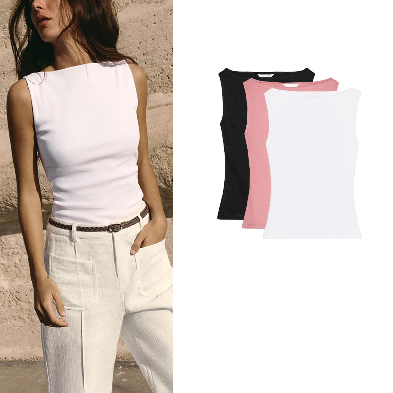 Summer New Women's Boat Neck Multi-Color Simple Basic Ribbed Sleeveless T-Shirt Top 1044152