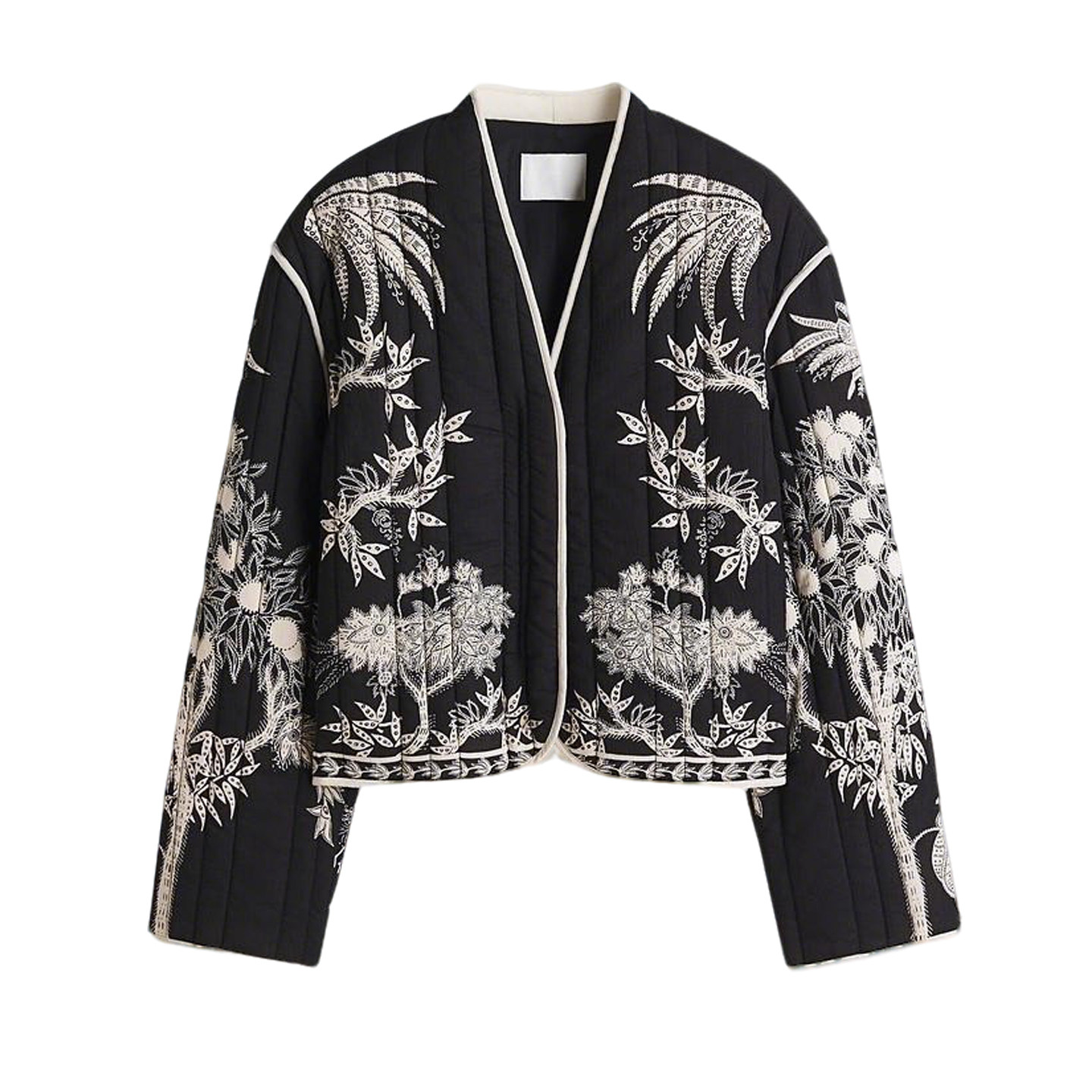 冬季新品女装欧美风V领长袖印花绗缝薄棉短款夹克外套 1316449