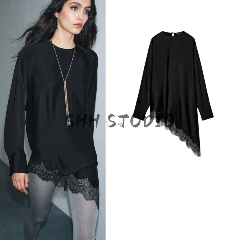 New Winter Women's Clothing Minimalist Style Round Neck Long Sleeve Asymmetrical Hem Lace Trim Shirt 9663100
