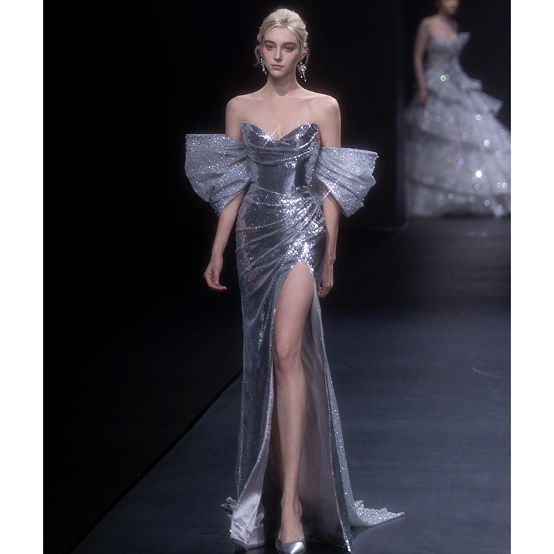 Silver Sequin Toast Dress for the Bride, High-End Light Luxury Slit Tube Top Fishtail Evening Dress, Niche Banquet Hostess Dress