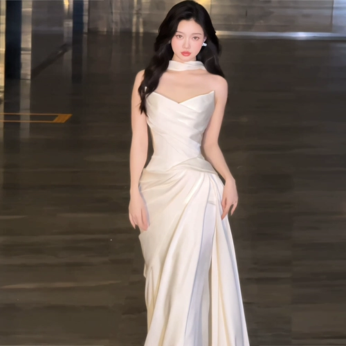 Белое свадебное платье, топ без лямок, французский стиль, крой «рыбий хвост», кружевное платье, изысканный стиль