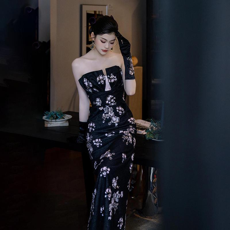 Wedding Dress for the Bride, New Chinese Style, Black Floral, Unique, Host, Engagement, Morning Gown, Strapless, Mermaid Skirt, Banquet Evening Dress