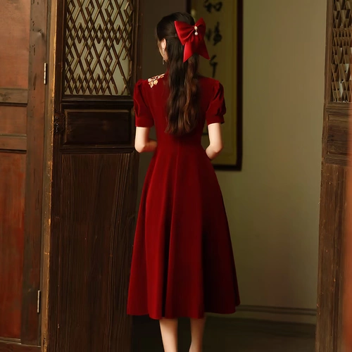 Ципао, летнее бордовое вечернее платье, свадебное платье, подходит для подростков, китайский стиль, по фигуре