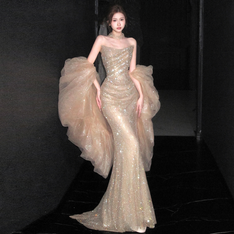 Gold Heavy-Duty Formal Dress for the Bride, High-End Sequin Strapless Engagement Evening Gown, Women's Birthday Banquet Host Mermaid Dress Gold Heavy-Duty Formal Dress for the Bride, High-End Sequin Strapless Engagement Evening Gown, Women's Birthday Banquet Host Mermaid Dress