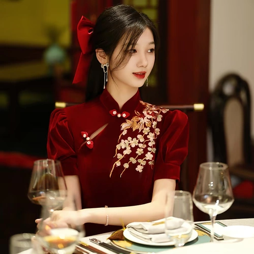 Ципао, летнее бордовое вечернее платье, свадебное платье, подходит для подростков, китайский стиль, по фигуре