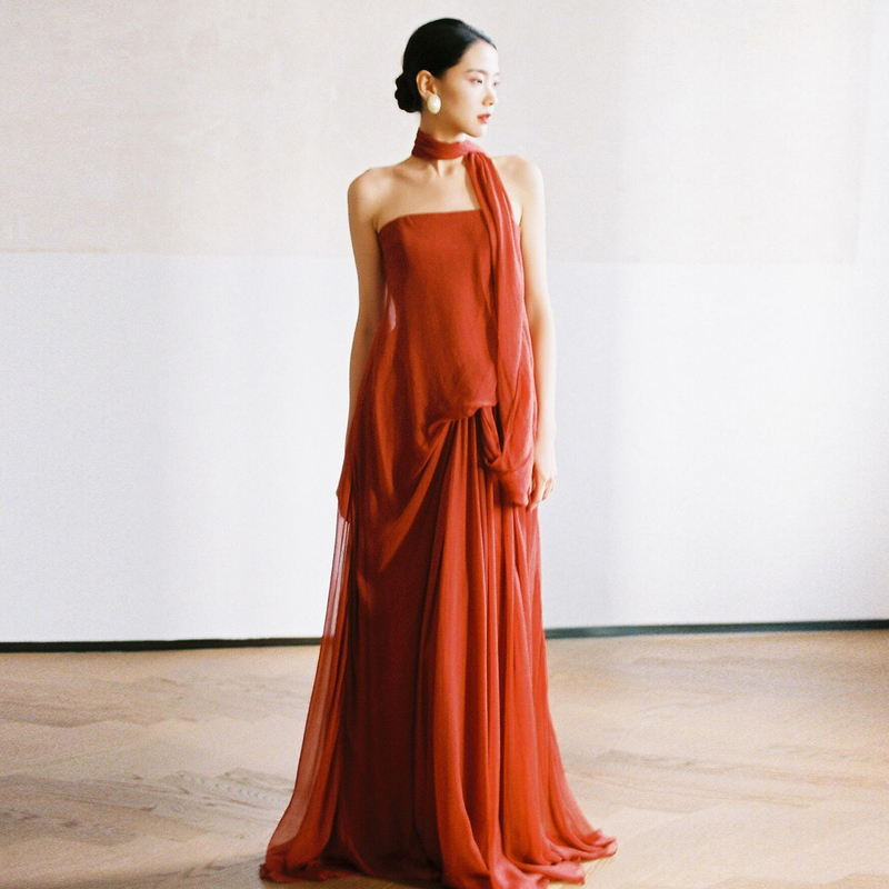 Morning Gown for Women, Bride's Elegant Strapless Homecoming Evening Dress, Burgundy Fishtail Engagement Long Dress, Banquet Wedding Toast Dress