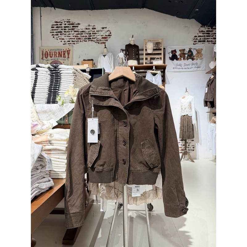 Om New Retro Brown Stand-Up Collar Zipper Jacket Bm Autumn and Winter Button Versatile Casual Workwear Long-Sleeved Jacket