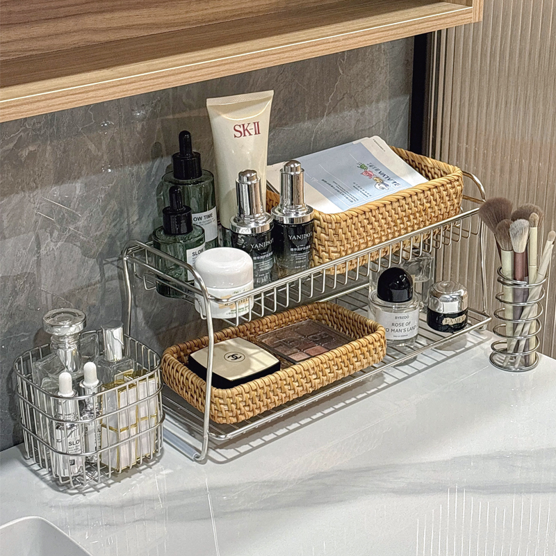 Stainless Steel Storage Rack Bathroom Vanity Countertop Multifunctional Cosmetic Organizer Shelf