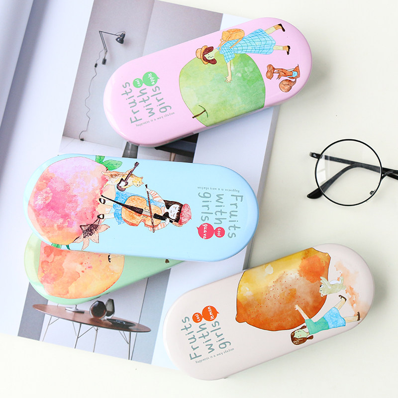 小清新铁艺眼镜盒卡通创意马口铁眼镜收纳盒韩国学生眼镜盒送镜布