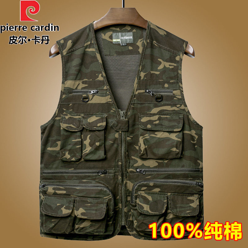 Pierre Cardin Camouflage Vest for Men, Summer New Style, Pure Cotton, Multi-Pocket Vest, Sports Casual Army Green Vest