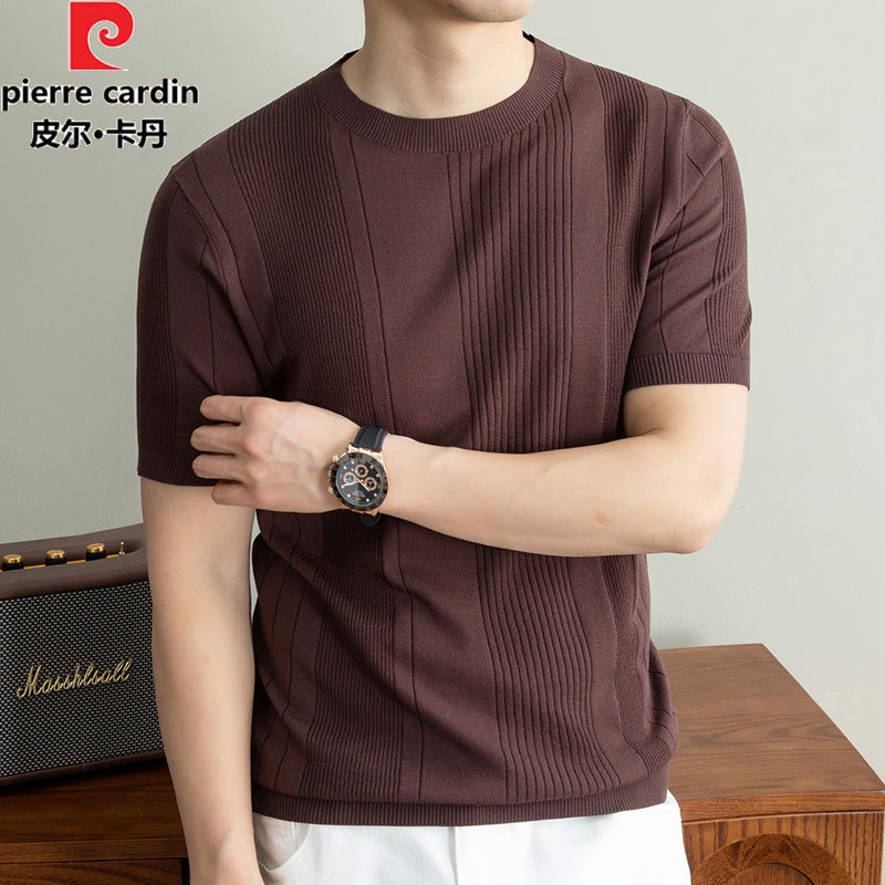 Pierre Cardin Striped Round-Neck Short-Sleeve T-Shirt for Men, Containing Linen, Summer Thin Style, Business Casual Knit Base Shirt