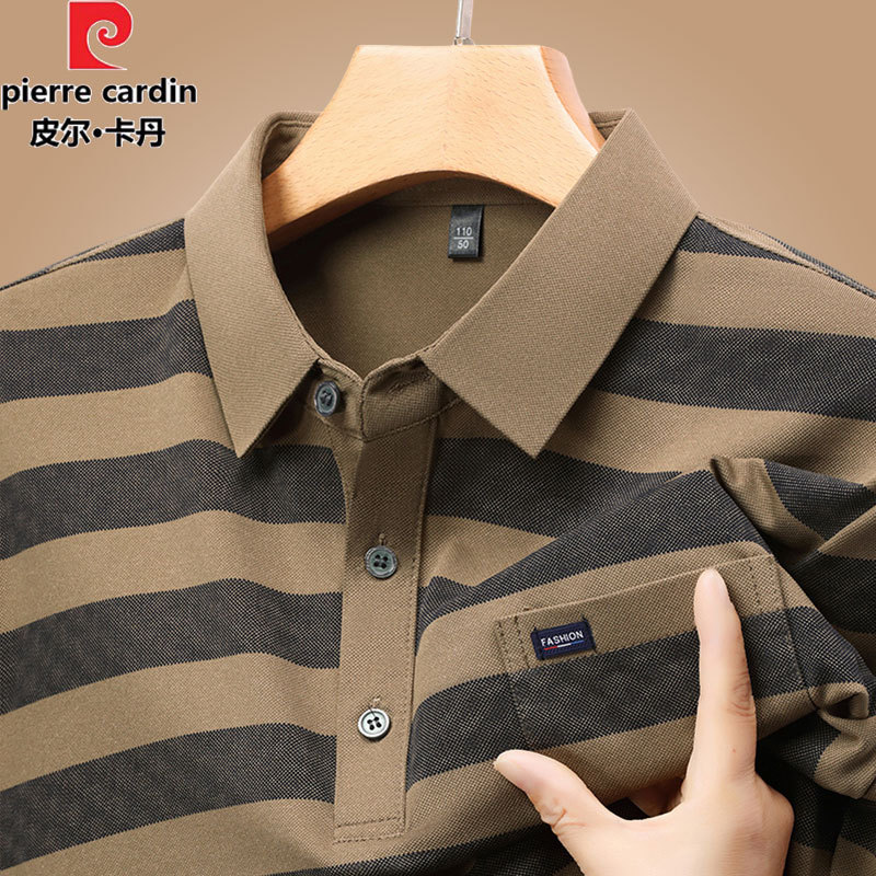 Pierre Cardin Striped Long-Sleeve Polo Shirt for Men, Spring and Autumn Thin Style, Loose Fit, Ice Silk, Suitable for Middle-Aged Dads