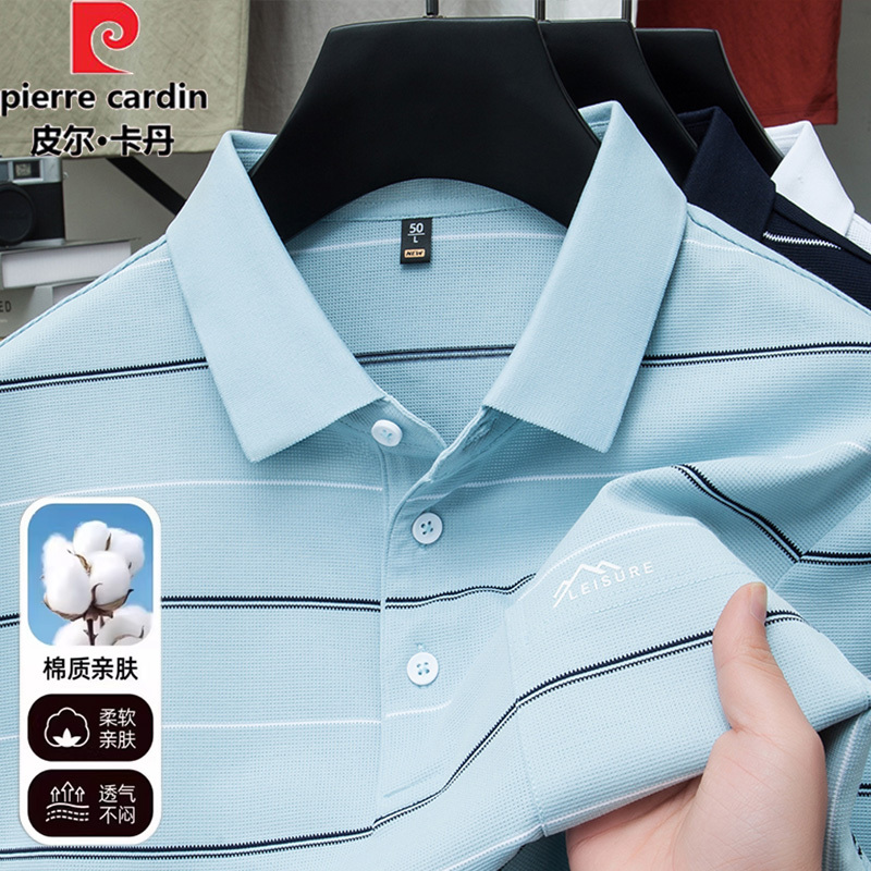Pierre Cardin Mercerized Cotton Short-Sleeved T-Shirt Men's Lapel Summer Striped Top Middle-Aged Dad Ice Silk Thin Polo Shirt