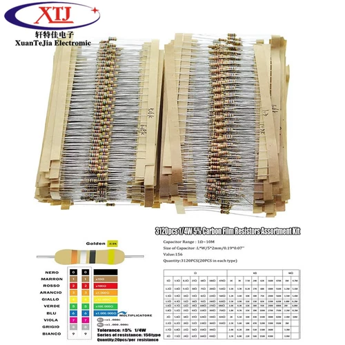 Набор резисторов из углеродной пленки 1/4 Вт, 156 значений сопротивления, по 20 штук в каждом, 1 Ом-10 МОм, 5% 0,25 Вт