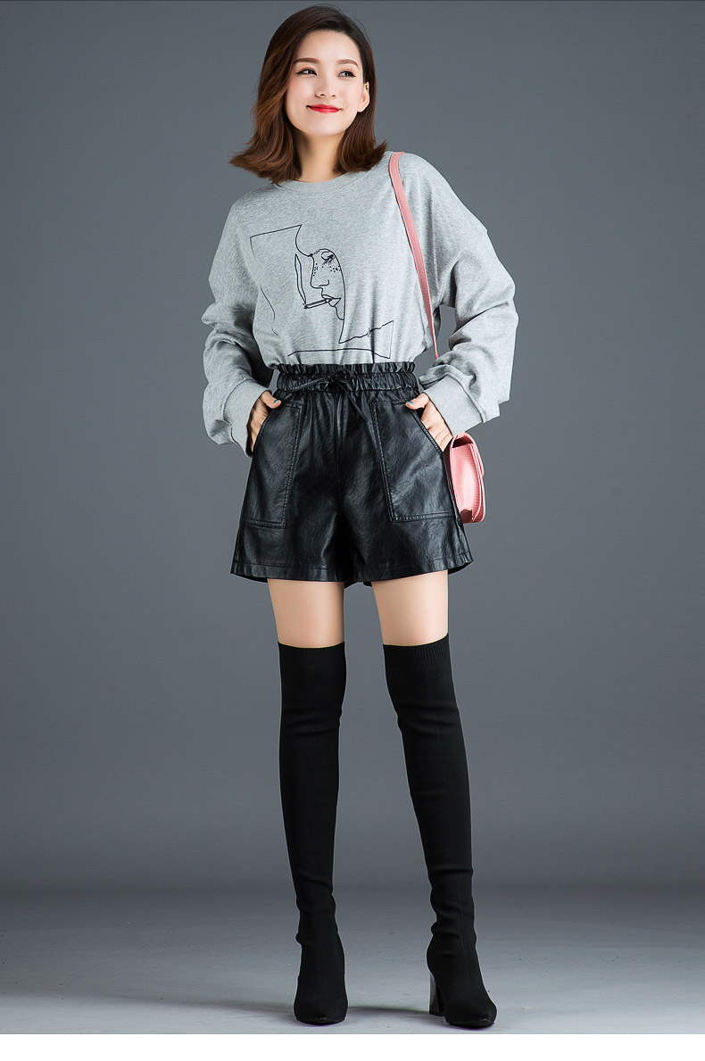 Mùa thu phần bốn điểm quần da thun thun co giãn eo một chữ rộng chân PU quần short da nữ chất béo MM đáy giày quần sooc trắng nữ
