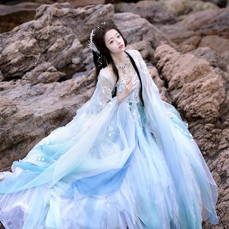 Qiqi [Mermaid Princess Hanfu Version] Mythical Series Heavy Embroidery Large Sleeve Shirt Hanfu Women's Set Tang Style French Style