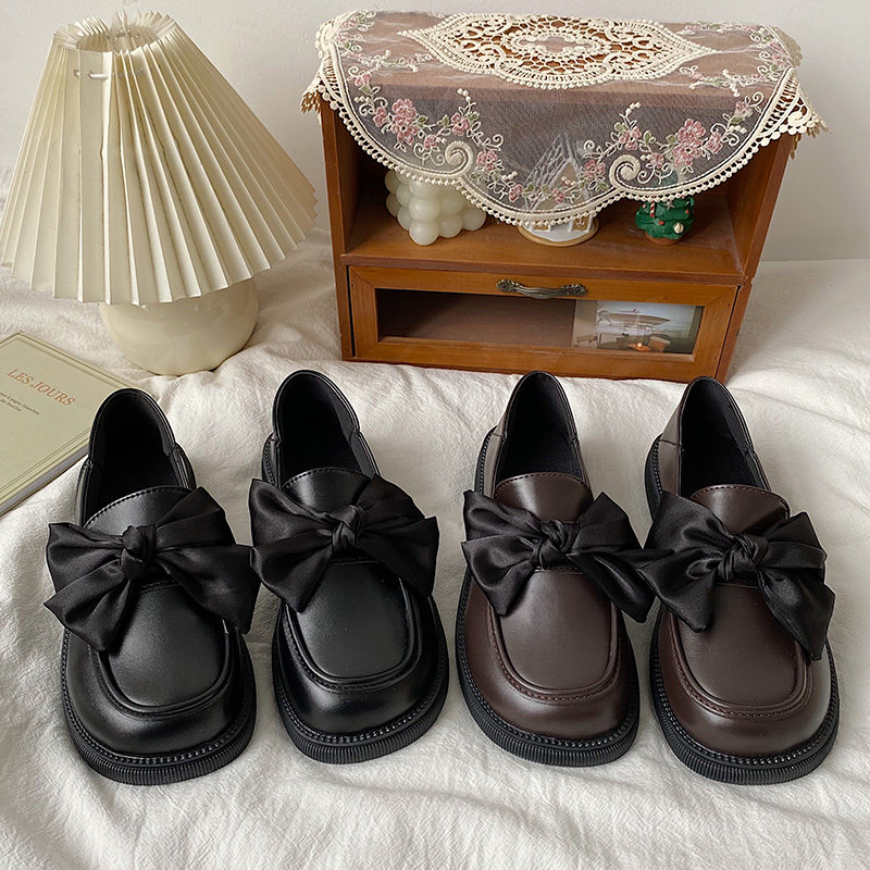 Inlen Wind Small Leather Shoes Women Spring Niche Design Butterfly Knots Shoes Face-style Mary Rare Shoes Thick Bottom Retro Lefu Shoes