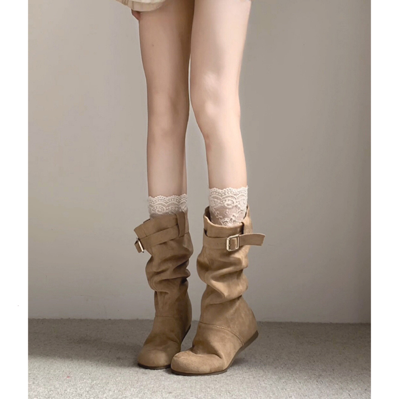 Height Increase Within 5cm ~ Soft Leather Thick-Soled Melard Pleated Stacked Boots for Women, Western Cowboy Boots, Retro Mid-Calf Martin Boots