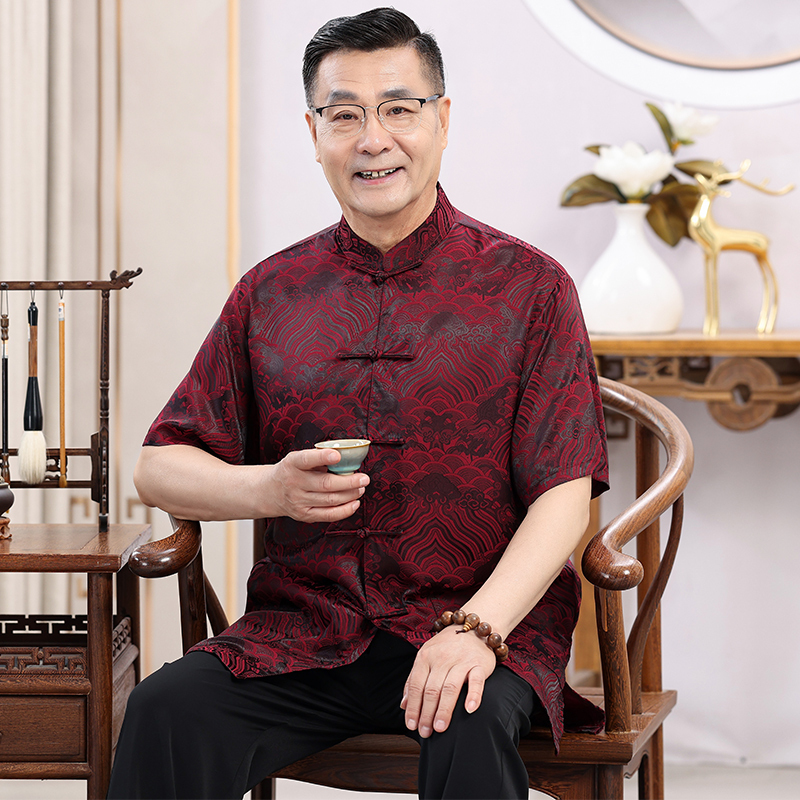 Summer Silk Tang Suit for Men, Middle-Aged and Elderly, Loose-Fitting Grandpa Summer Clothes, Birthday Clothes for the Elderly, Dad's Chinese-Style Wedding Dress