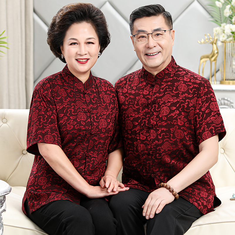 Grandpa Grandma Couple Big Size size Down with male mid-age Summer short sleeve Ice Ice Silk Suit Old Man's Birthday Clothes