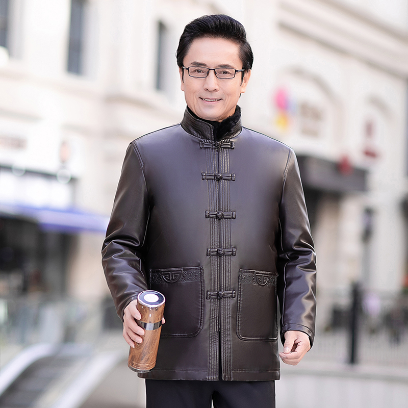 Middle-aged Tang Costume Leather Clothes Men 50-60-70-year-old Cavet Dad Dress Grandpa Old Winter Cotton Padded Jacket China Wind Jacket