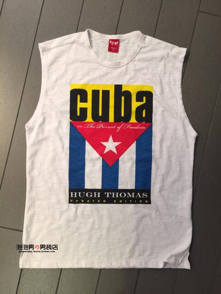 Hàn Quốc Dongdaemun mua nghệ thuật nam tươi in chữ ngắn ngắn cotton dài tay áo thun mùa hè - Áo vest cotton áo ghi lê