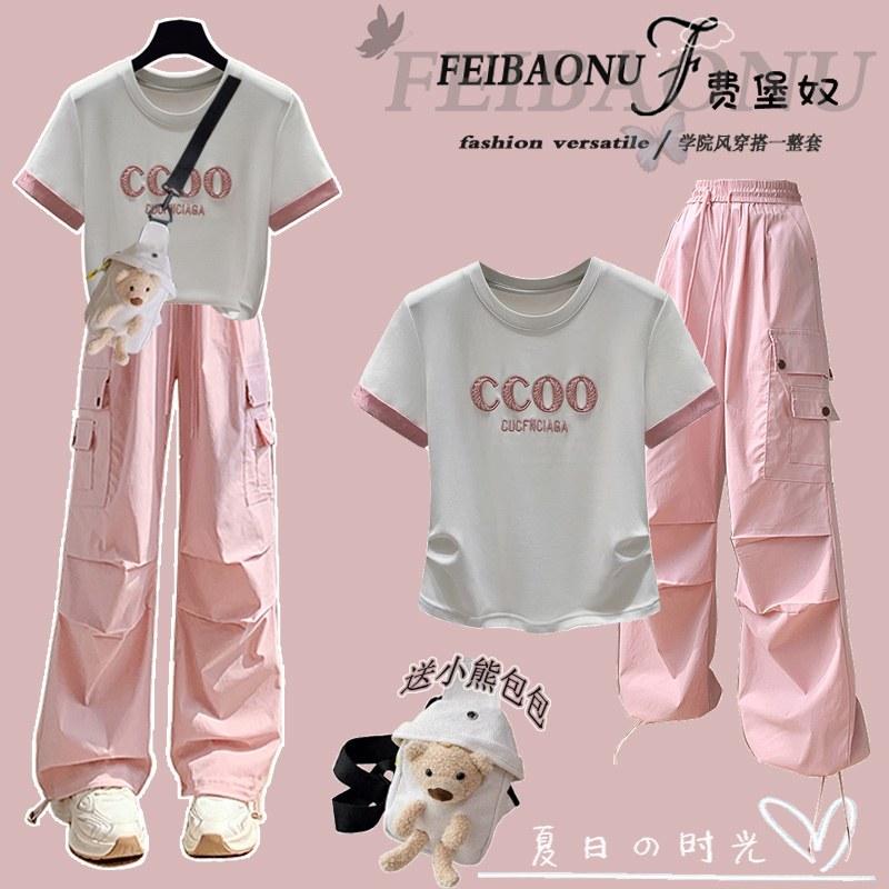 Fashionable Dopamine Suit Summer Junior High School Student Outfit Complete Set of Women's Short-Sleeved + Cargo Pants Sports Two-Piece Set Fashionable Dopamine Suit Summer Junior High School Student Outfit Complete Set of Women's Short-Sleeved + Cargo Pants Sports Two-Piece Set