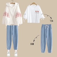 Set [Qiao-Strawberry Short T White +Ran-Pink Stripe Sunscreen Jacket +5008 Брюки]