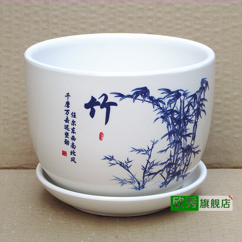 Xinxiu thêm gốm lớn nồi với khay máy tính để bàn lọ hoa phong cách Trung Quốc meilan tre hoa cúc nồi gốm thùng trồng cây
