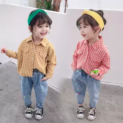 Girls plaid shirt Korean Spring and Autumn long sleeve foreign pie fashionable 2021 New 3 years old 4 baby shirt