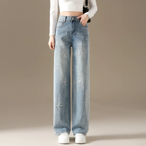 Светлые джинсы, летние штаны, 2024 года, подходит для подростков, с вышивкой, свободный прямой крой