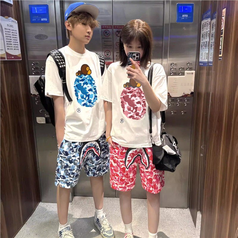 American High Street Ape Camouflage Short-Sleeve T-Shirt and Shorts Set for Men and Women, Summer Heavyweight Pure Cotton Couple's Trendy Brand Shark Shorts